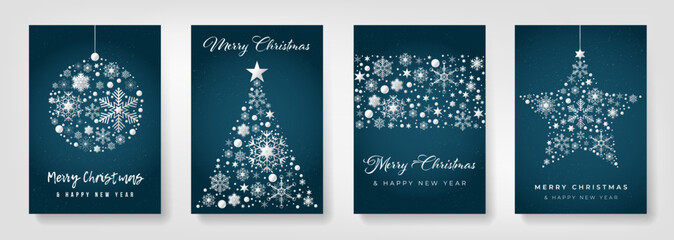 Naklejka na ściany i meble Set of four blue christmas cards with christmas ornaments - ball, tree, stripe and star