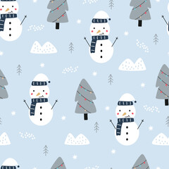 Seamless Pattern vector Winter Background With Christmas Festival With Snowman And Christmas tree Hand drawn design in cartoon style. Use for fabric, fashion, textile.