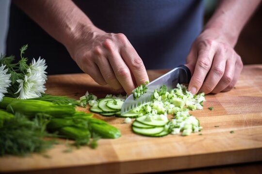 hand slicing fresh cucumbers on a board
