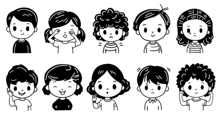Collection of black and white hand drawn kids' faces. Kid emotions. Thinking teenager. Black and white heads. People feelings. Vector cartoon tidy lines portraits set