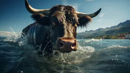 Schilderijen op glas Group of bulls with horns. Generative AI. © ProVector