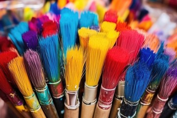 a bunch of used paintbrushes with colors