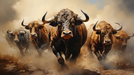 Naklejka premium Group of bulls with horns. Generative AI.