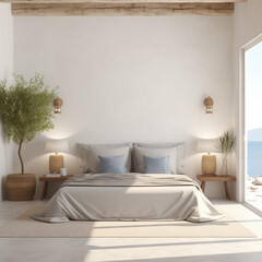 Greece Bedroom interior, Bedroom interior mockup, Greece style Bedroom mockup, empty wall mockup