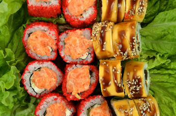 sushi rolls photo on lettuce leaves