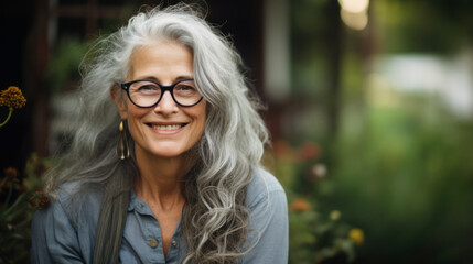 Portrait of a happy middle-aged woman with gray hair in a green sunny garden. Concept of relaxation, enjoyment.