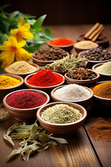 Colored dried herbs, spices and powders in ceramic bowls on a wooden table © Adrian Grosu