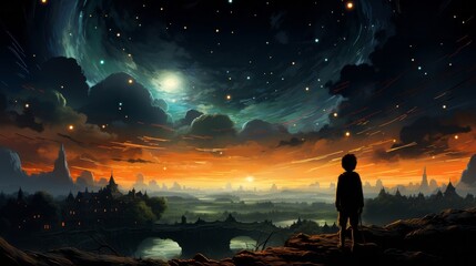 Illustration of a boy looking at night starry. Generative AI. - obrazy, fototapety, plakaty