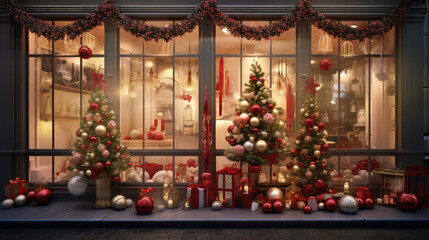 Naklejka na ściany i meble Shop Window with Beautiful Christmas Gifts and Decorations.