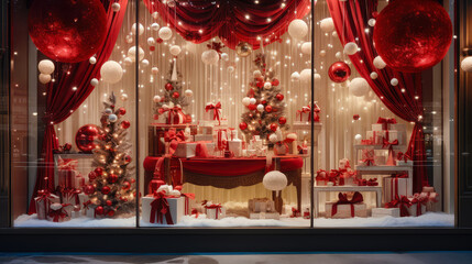 Shop Window with Beautiful Christmas Gifts and Decorations.