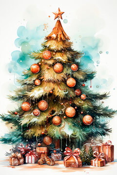Watercolor cute adorable Christmas tree with hanging balls and gifts, on a white background.