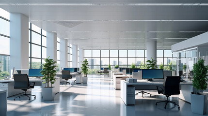 Empty office open space interior. Business conference company background, conference room, nature light, glass windows