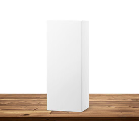 Empty box product packaging box mockup on a wooden table, PNG transparent