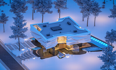 3d rendering of cute cozy modern house with bionic natural curves plastic forms with parking  and pool for sale or rent with beautiful landscape. Cool winter night with stars in sky.