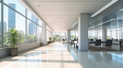 Empty office open space interior. Business conference company background, conference room, nature light, glass windows