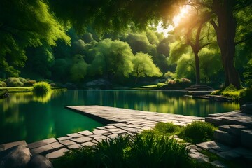 Beautiful colorful summer spring natural landscape with a lake in Park surrounded by green foliage...