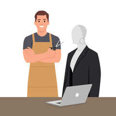 fashion designer or tailor use laptop computer to search idea or online orders, mannequin in suit and full of tailoring tools with equipment on desk. Flat vector illustration isolated on white