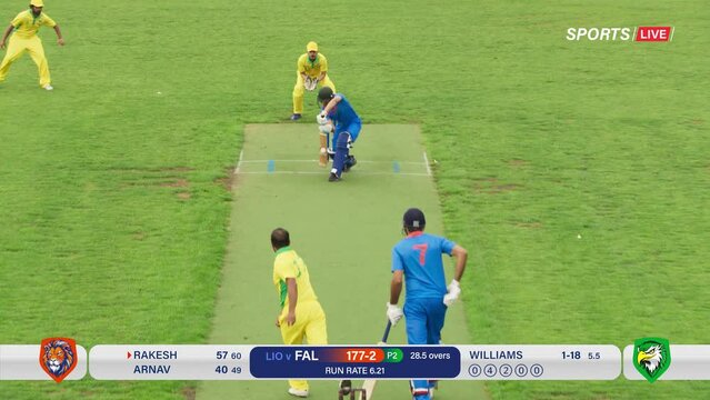 Cricket TV Broadcast Montage with Game Statistics on Screen. Two Indian Teams Playing in a Tournament. Teams Throw, Hit the Ball with a Bat, Pass the Ball. Score Runs During a Championship Match