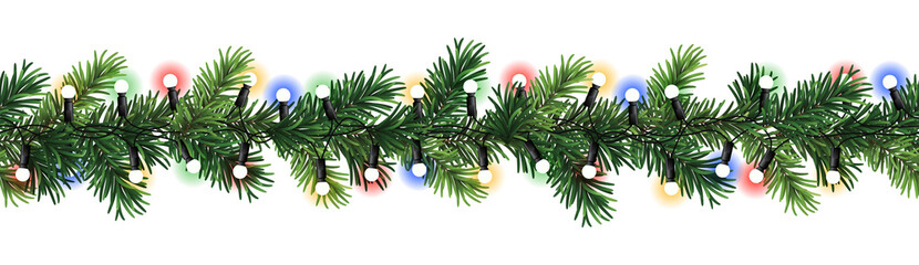 Seamless decorative christmas border with coniferous branches and garlands of christmas lights on transparent background - 668653818