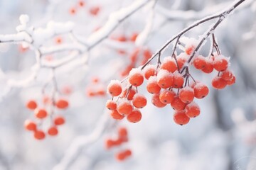 Bunches of rowanberries (sorbus aucuparia) in the winter covered in snow on a frosty day