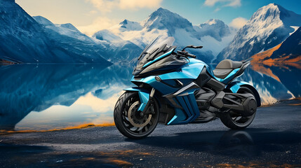 Custom blue motorcycle with a mountain range landscape background,generated with Ai