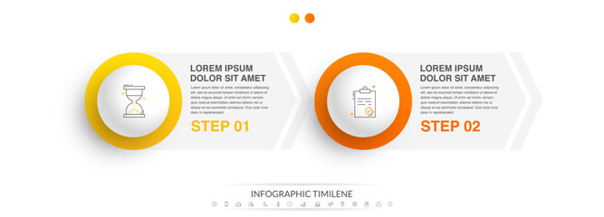 Vector infographics with 2 arrows and circles. Modern business concept graphic process template with two steps and icons. Graphic timeline for a project on white background