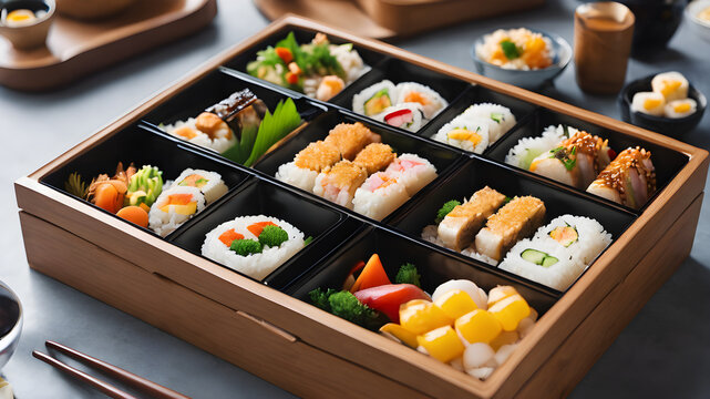 Delicious and Healthy Bento: A Traditional Meal Box with Fresh Rice, Vegetables, and Snacks