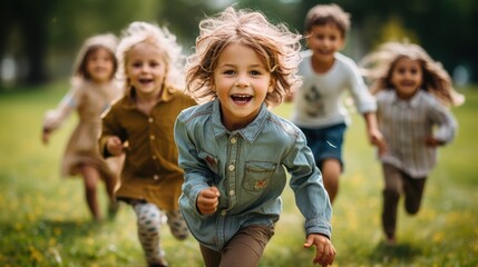 Fototapeta premium Group of boys and girls Cute girl running on the green grass in the park.