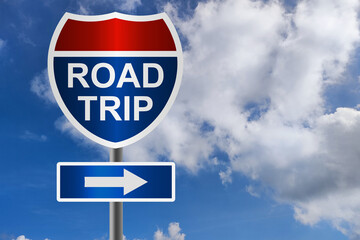 Road trip word on red and blue road sign