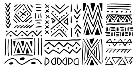 Ethnic tribal pattern doodle handdrawn elements. Aztec, African or Mexican motifs, charcoal pencil drawing. Abstract native ornament shapes, vector illustration.