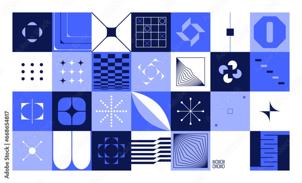 Aufkleber geometric brutalist pattern. abstract geometry shapes, minimal deconstructed simple figures for post