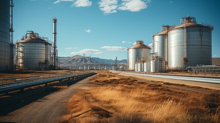 Fototapeta na wymiar Industrial facility with steel silos for grain. Generative AI.