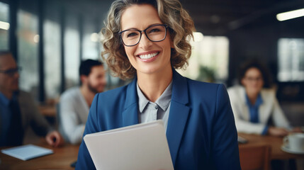 Smiling mature business hr woman holding cv at job interview. Happy mid aged professionall, manager, insurance agent, lawyer consulting clients sitting at work corporate office meeting woman