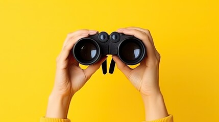 Female hand holds black binoculars on a yellow background. Journey, find and search concept. Banner.

