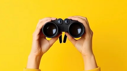 Foto op Canvas Female hand holds black binoculars on a yellow background. Journey, find and search concept. Banner.  © Creative Station