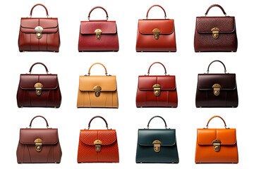 A collection of different colored handbags and white background.
