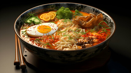 Appetizing bowl of ramen on wooden table,generated with Ai