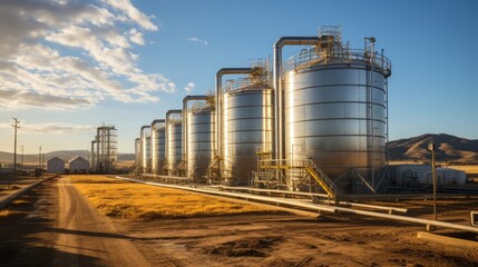 Obraz premium Industrial facility with steel silos for grain. Generative AI.
