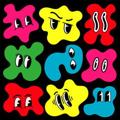 Retro cartoon amoeba shape funny faces. Groovy vintage 30s 60s 70s minimalistic faces with various emotions on abstract shapes