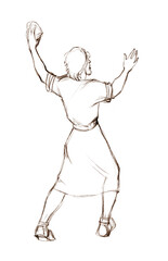 Pencil drawing. Man throw a big stone