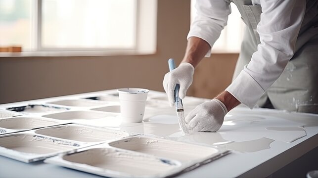 Man pours paint into the tray and dips roller. Professional interior construction worker pouring white color paint to tray.
