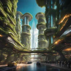 Fototapeten Futuristic city with vegetation covered skyskraper buildings and cars flying around © Daniel