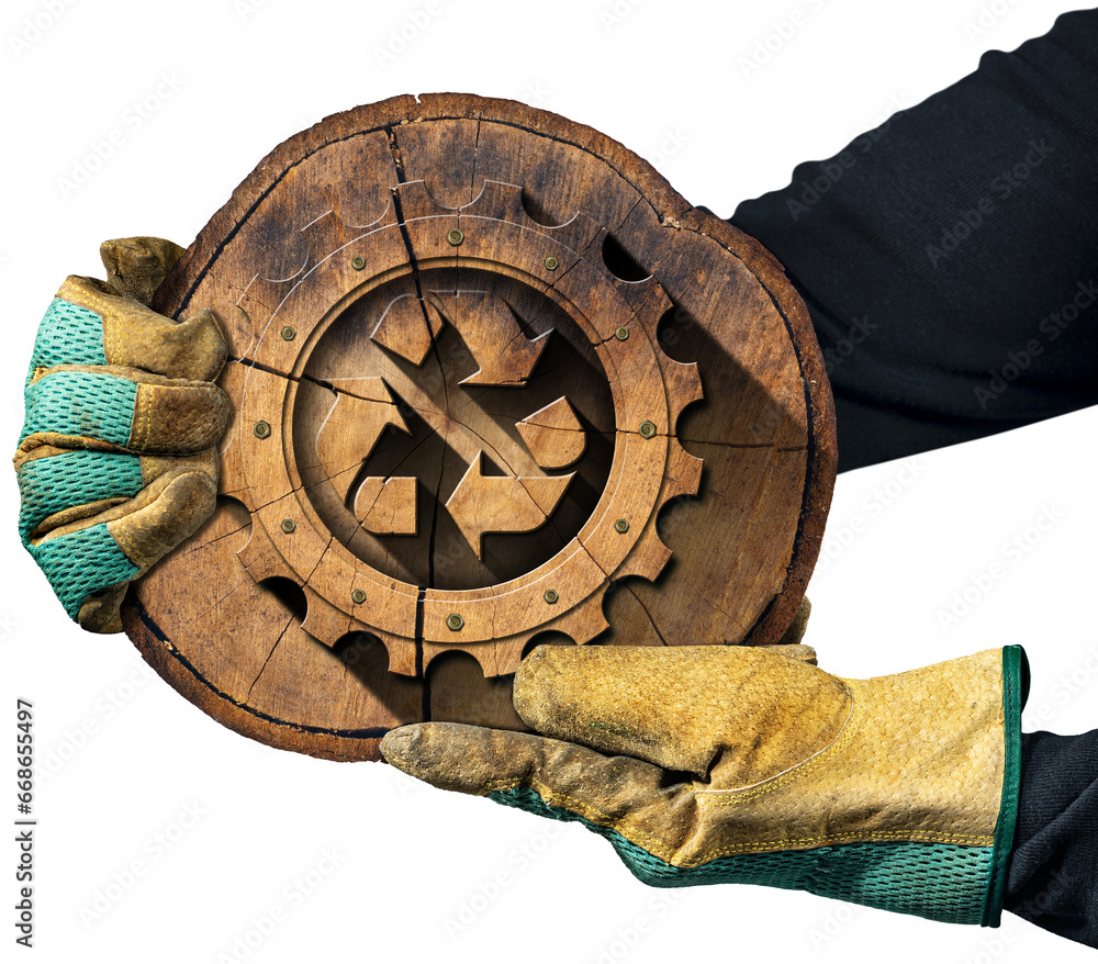 Aufkleber two hands with protective work gloves showing a recycling symbol made of a wooden tree trunk with a 