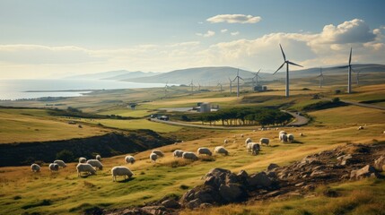 Landscape with wind turbines in the countrysid. Generative AI.