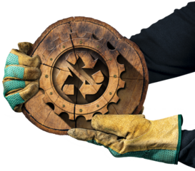 Two hands with protective work gloves showing a recycling symbol made of a wooden tree trunk with a cogwheel (Gear). Sustainable Resources concept. Isolated on white or transparent background. Png.