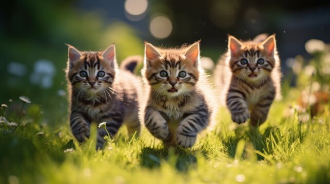 A group of cute cats running and playing on the green grass in the park.