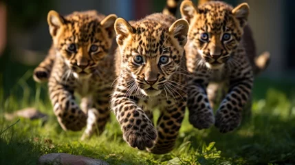 Deurstickers A group of cute leopards playing on the green grass in the park. © sirisakboakaew