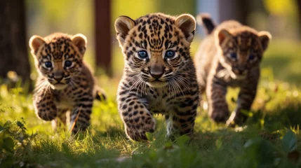 Foto op Canvas A group of cute leopards playing on the green grass in the park. © sirisakboakaew