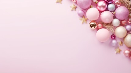 Christmas decoration with pink balls on pastel pink background.
