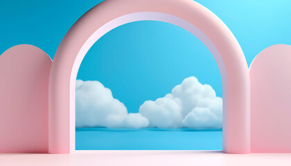 Product presentation mock up. Show cosmetic product. Abstract scene background, pink and clouds.	